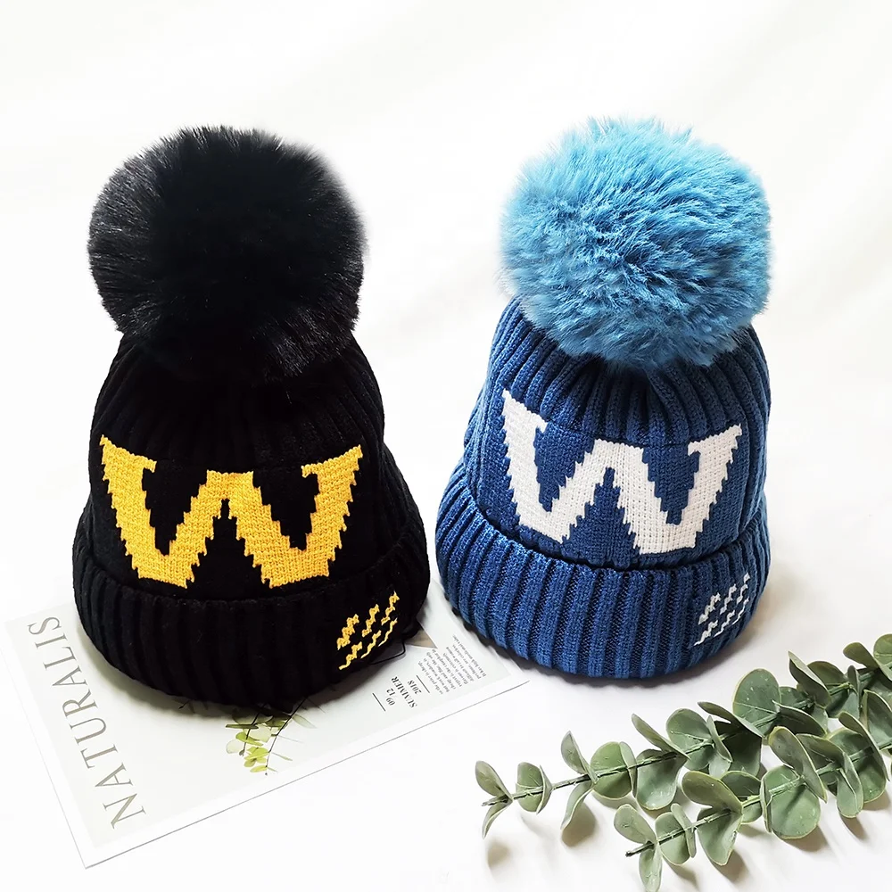 Вязаные шапки для мальчиков и девочек, детская зимняя теплая шапка с начесом и подкладкой, Шапка-бини с жаккардовыми буквами для малышей на заказ с помпоном
