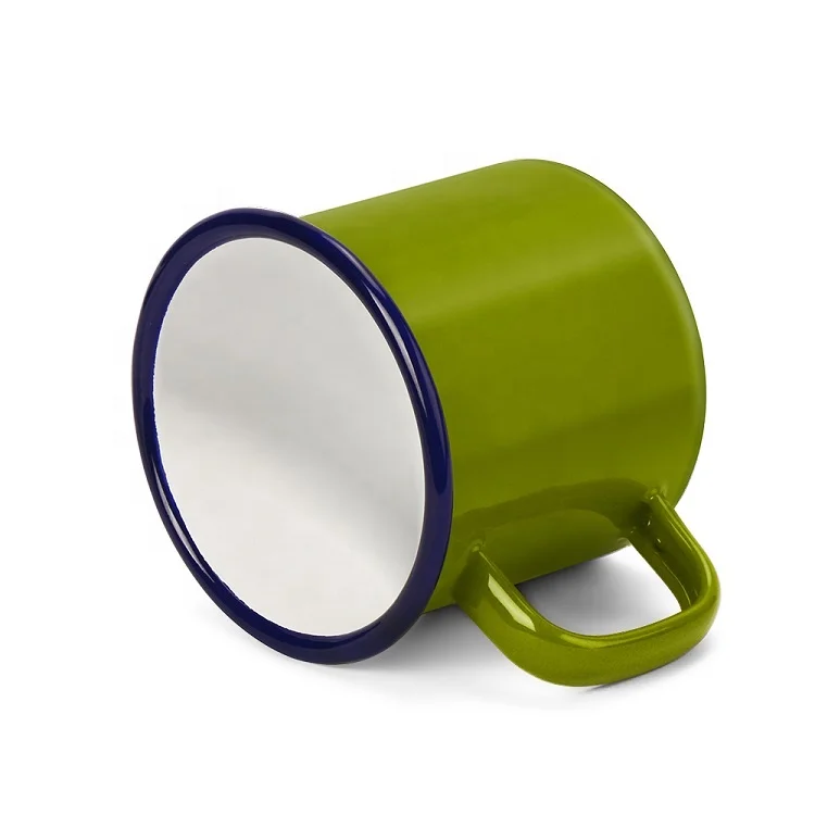 
DX Best Seller Custom Printed Coffee Cup Solid Green Color Enamel Mugs With Blue Rim 
