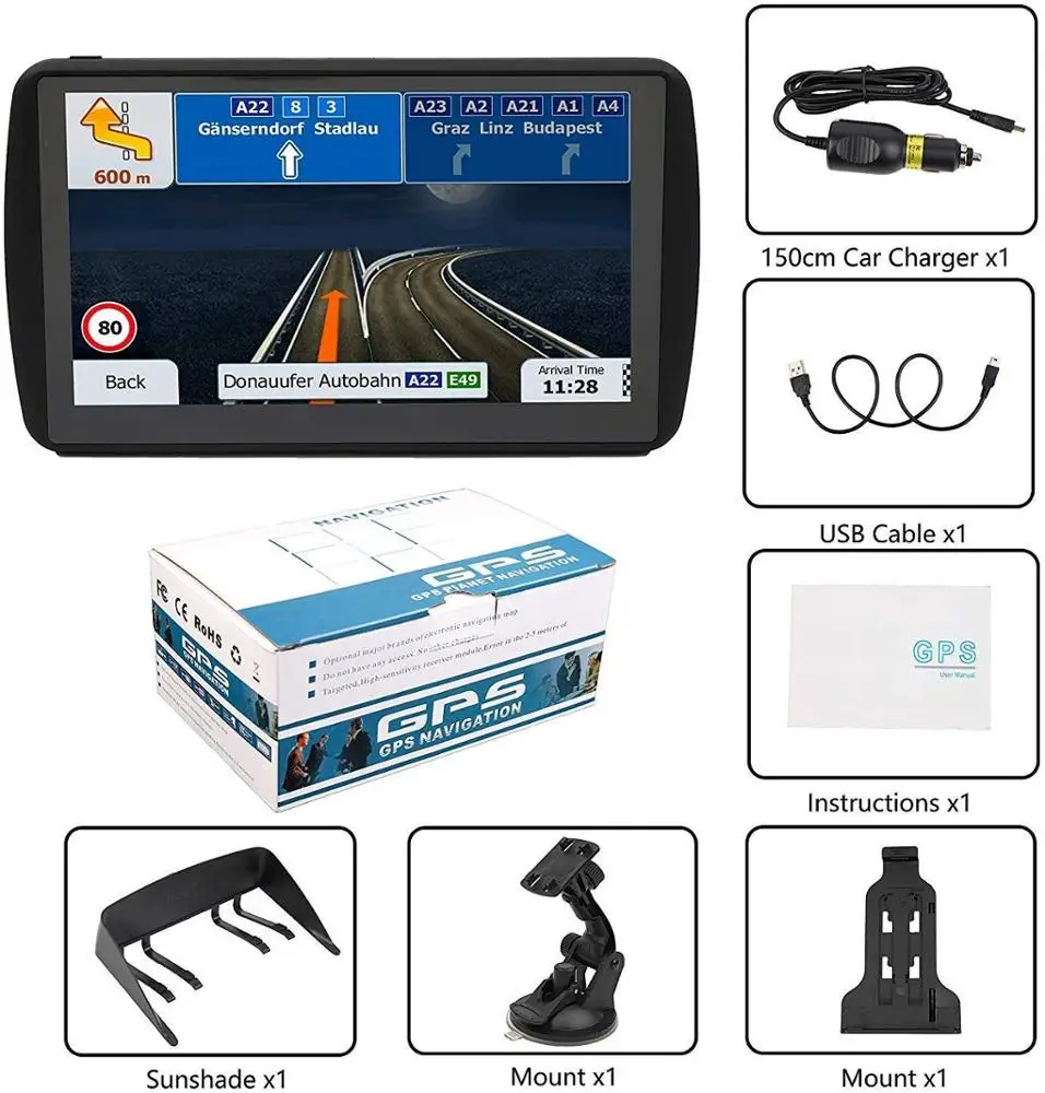 Truck 7 Inch Portable GPS Navigation System  Car Locator Navigator Free Map 3D View Map Display