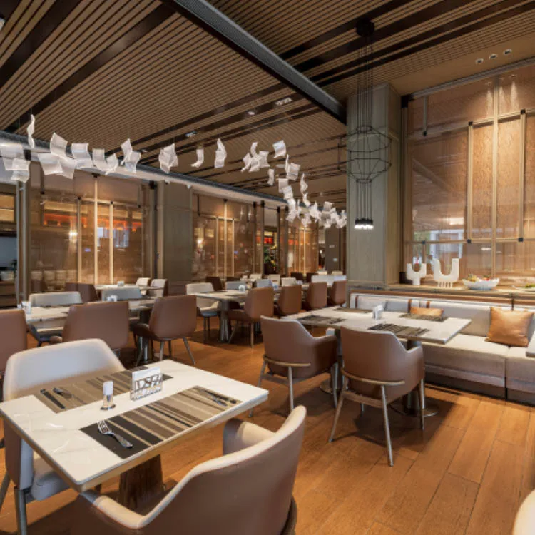 Orangefurn High Class Luxury 5 Star Hotel Stainless Table And Chairs Modern Hotel Resort Restaurant Furniture One Stop Solution