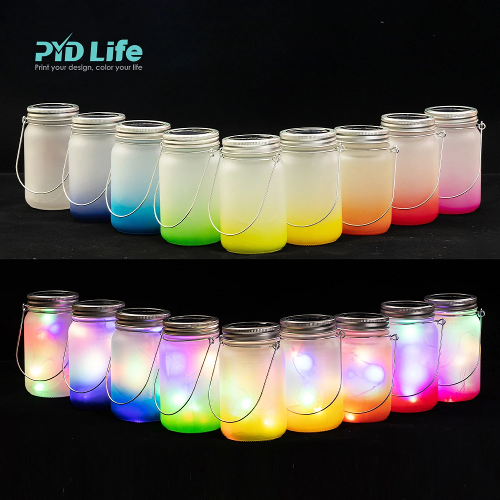 PYD Life 15oz 450 ml Custom Printing Gradient Colour LED Lights Lantern Lid Custom Frosted Glass Sublimation Fairy Mason Jar