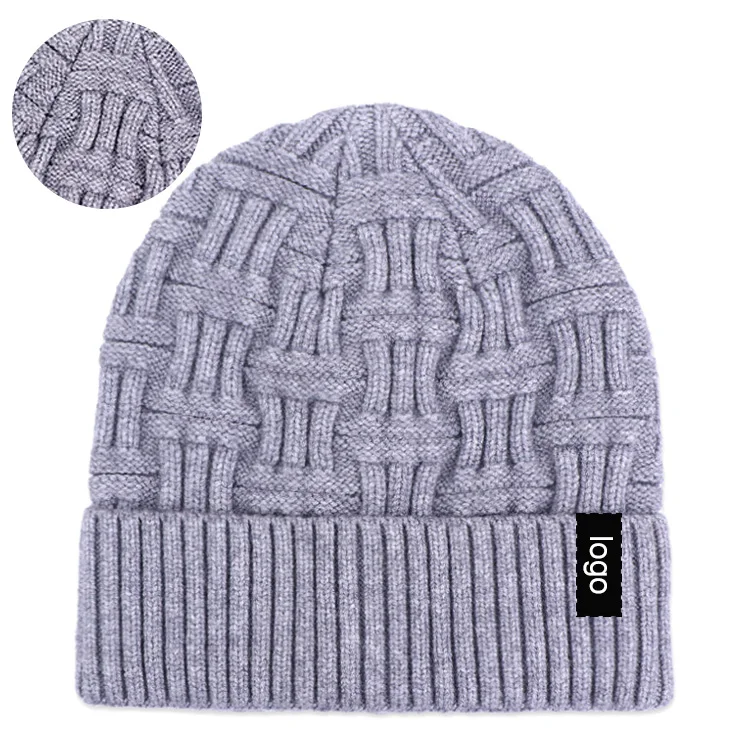 Qianzun factory supplier grey solid color winter cuff skully custom label logo 100% acrylic knit basket weave beanie hat