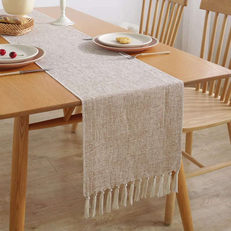 Imitation Cotton And Linen Dining Table Runner With Tassels Boho Solid Color Luxury Table Runners