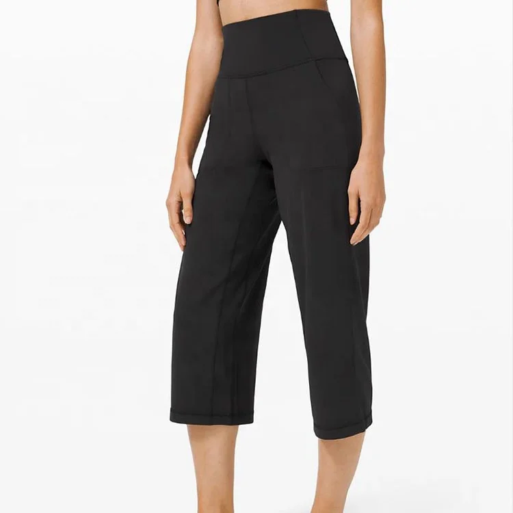 Wholesale ladies fashion trousers design black high waist wide leg cropped ladies capri trousers lady trousers