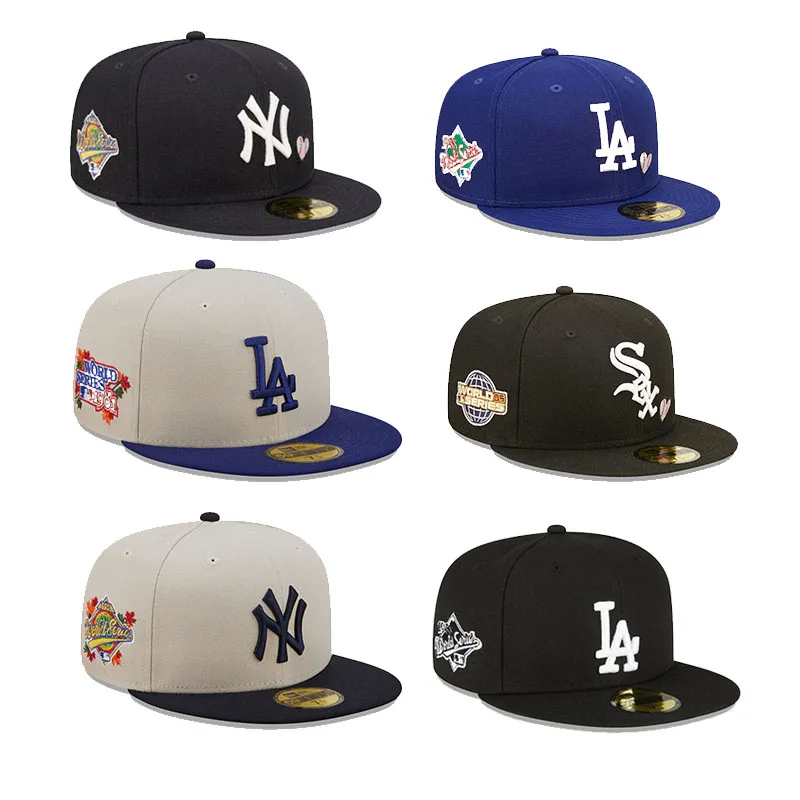 In stock 3d embroidery Side patch fitted cap gorras flat brim american baseball fitted hats for team
