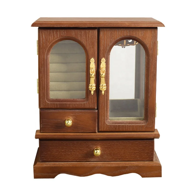 Classical wooden Jewelry Box with 2 drawers and 2 doors Organizer Necklace Ring Earring Storage Gift Case