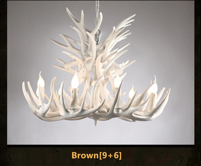 Nordic antique deer antler resin kitchen decorative candle LED pendant lighting rustic ceiling wooden chandelier