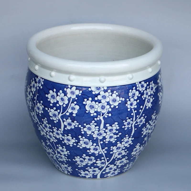 Vintage Chinese hand drawing blue and white Ice plum decorative ceramic big vat porcelain fishbowl flower pot