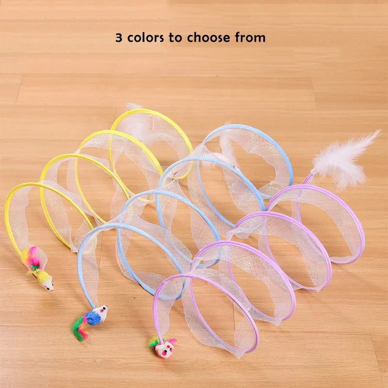 Small Animals Playing Exercise Cat Spring Toys Interactive Portable Indoor Folded Cat Tube Tunnels Toy With Feather Mouse Toys