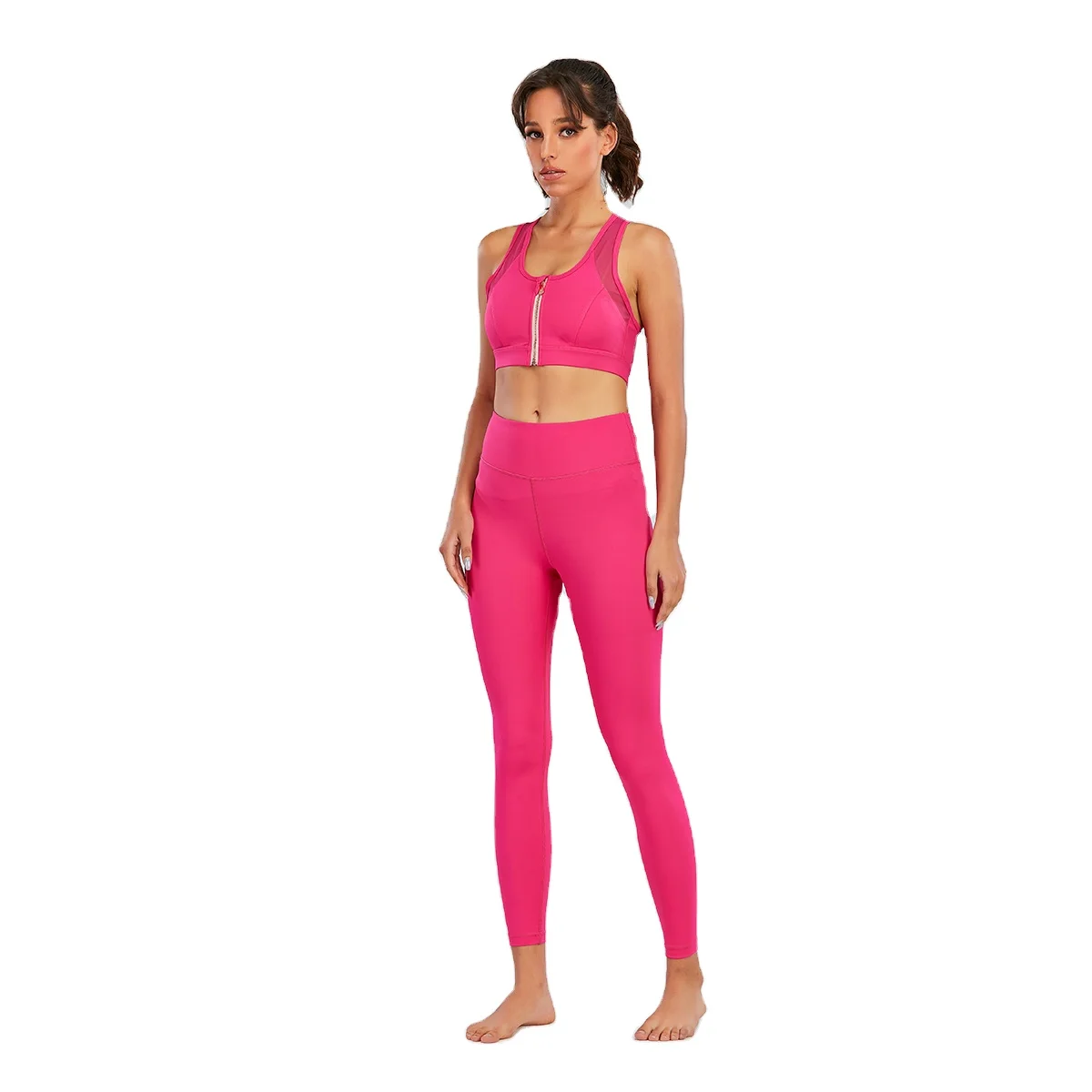 Luckpanther Naked Feeling Hollow Back Sports Bra With Front Zipper Workout Tummy Control Leggings Two Piece Gym Fitness Sets