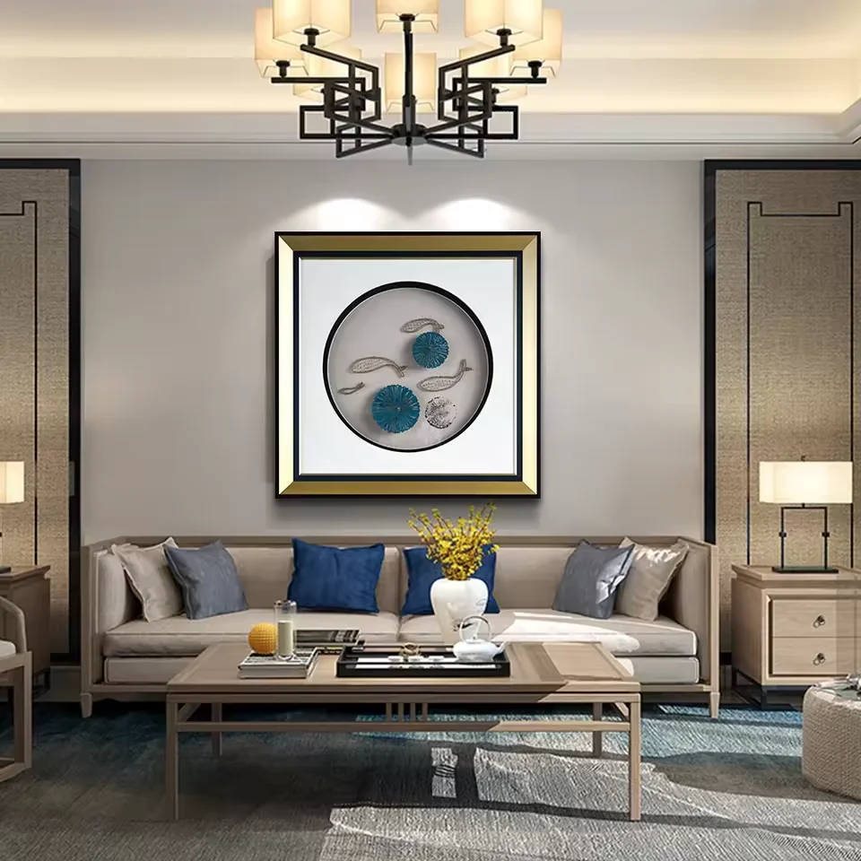 Manufacture Custom Home Decoration Fashionable Handicraft Fishpond Artwork 3D Shadow Box Framed Wall Art Painting