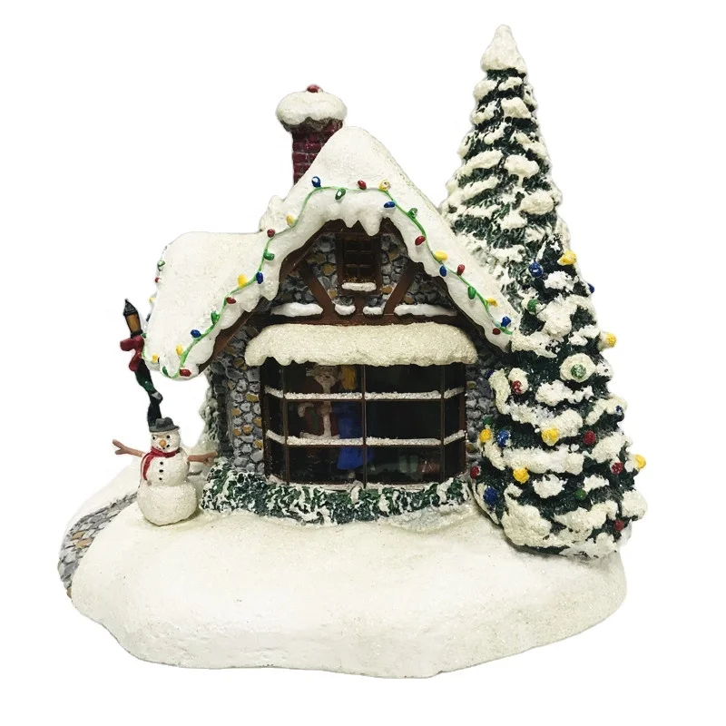 Indoor Gift Handicraft Polyresin Snow Houses Decoration Mini LED Music light house Christmas village