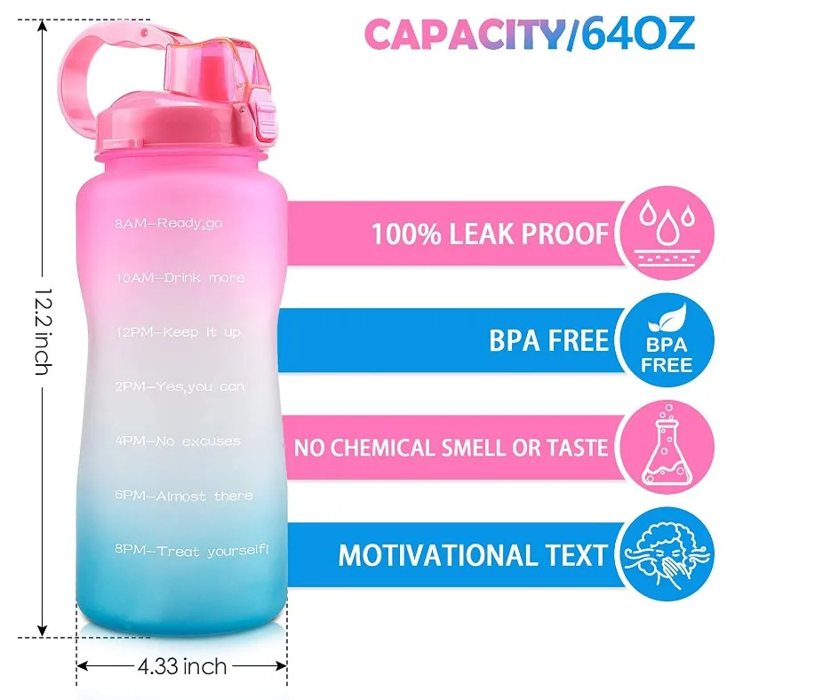 Half Gallon/64oz Motivational Water Bottle with Time Marker & Straw,Leakproof Tritan BPA Free Ensure You Drink Enough Water