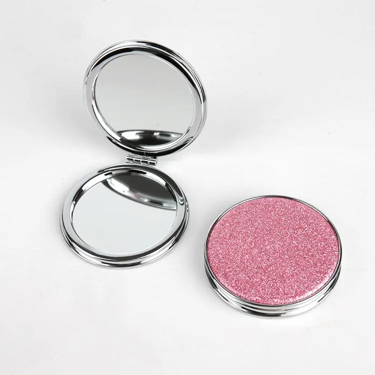 2X/1X Magnifying Travel Makeup Silver Crystal Diamond Double-Sided Folding Vanity Cosmetic Mirror With Glitter