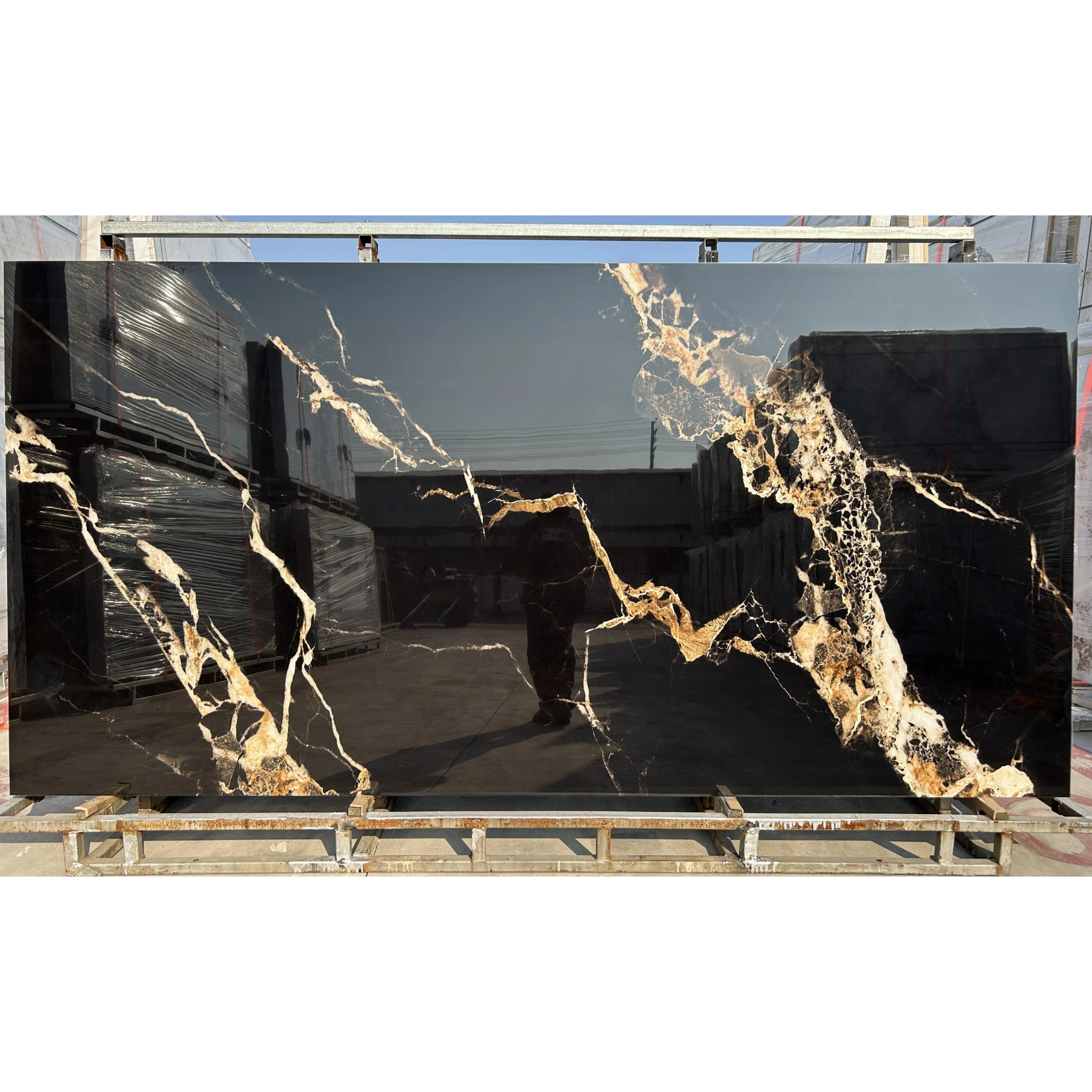 Hotel front desk wall sintered stone black polished glazed sintered stone