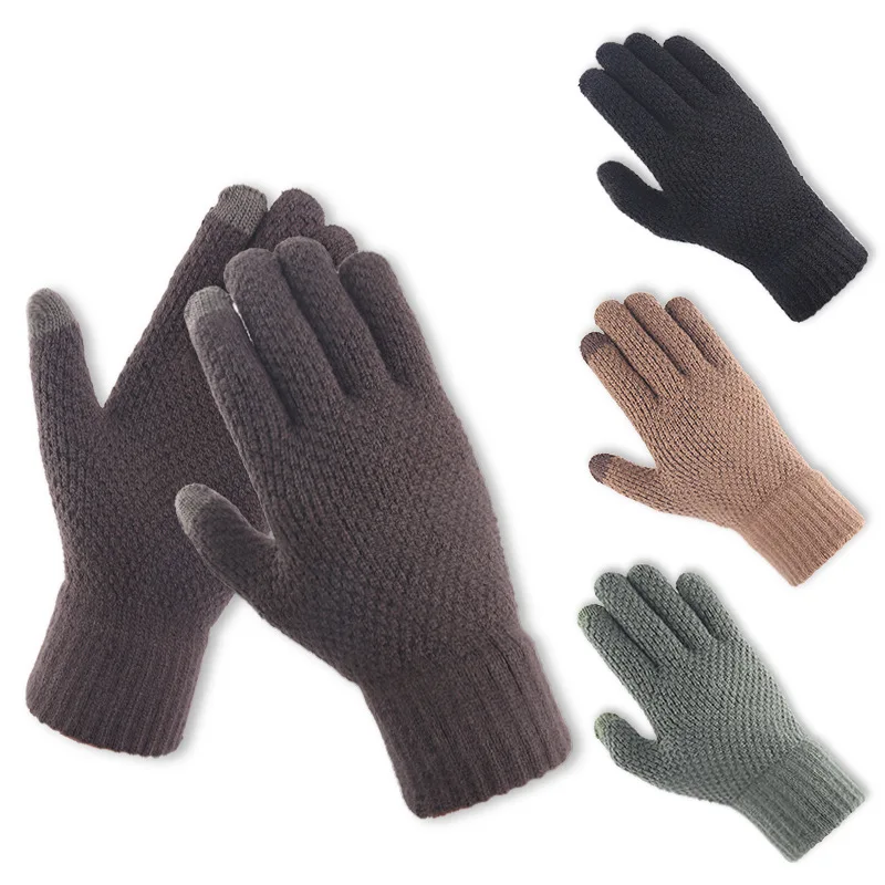 Amazon Hot sell Knit warm winter men and women couples plus velvet thick wool non-slip  touch screen mitt