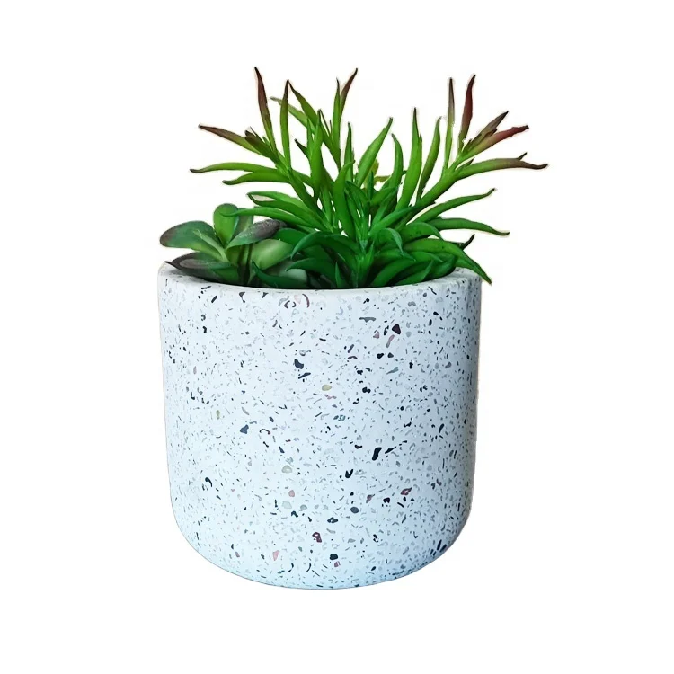 Cylindrical indoor  white Terrazzo style planters cement flower pot