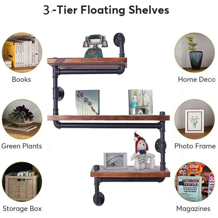 Loft Style Industrial Wooden Steel Pipe Shelving Unit Storage Rack