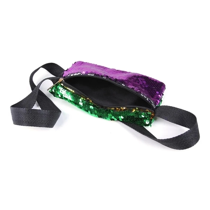 Carnival Adjustable Sequined Waist Bags Reversible Gold Green Purple Sequin Zipper Waist Pack Mardi Gras Funny Pack