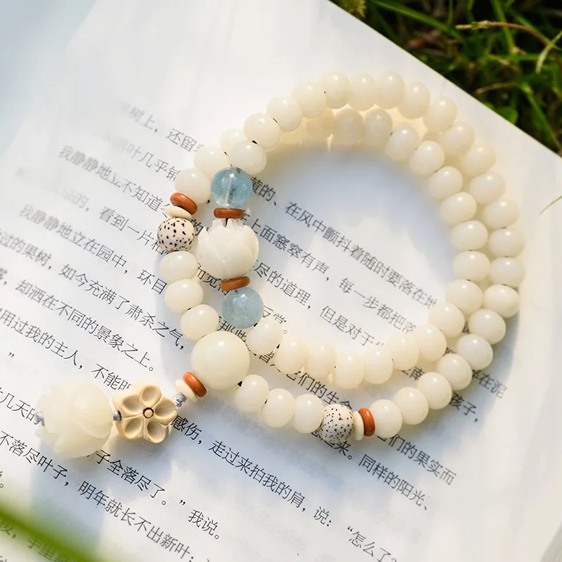 White Jade Bodhi Root Beads Bodhi Root Ancient Style Elegant Lotus Necklace Bracelet