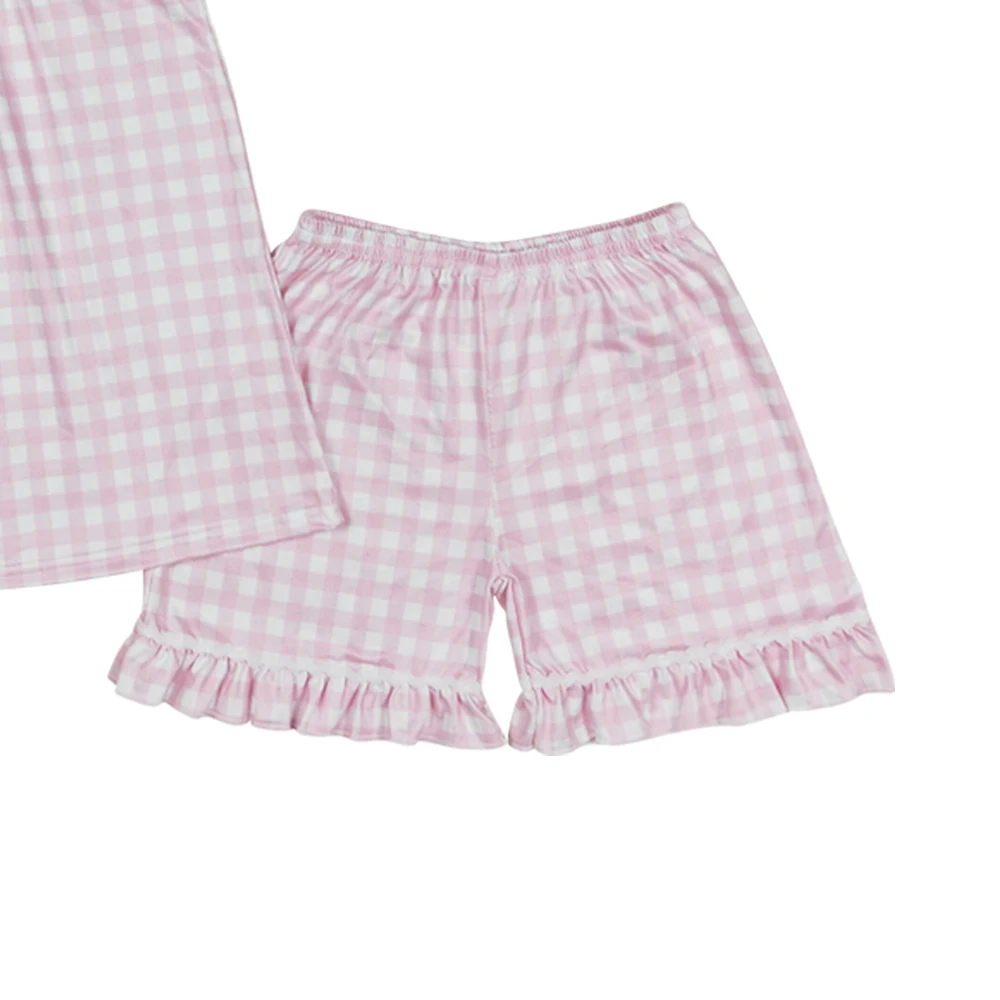 GSSO0795 Embroidered giraffe elephant pink-white plaid flying sleeve shorts set high quality little girls summer clothing sets