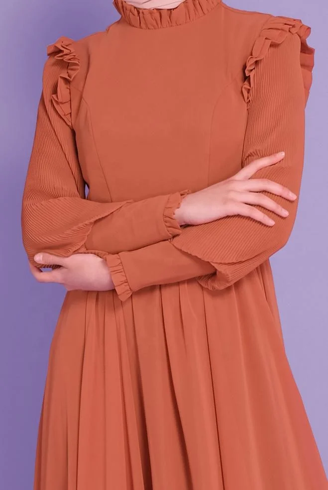 Custom design round collar gathers white balloon sleeve belted chiffon modest solid color muslim women hijab dress