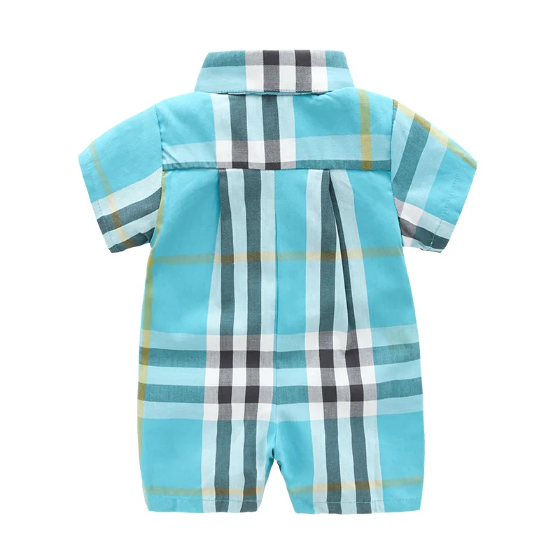 2pcs short sleeve plaid baby clothes set 100% cotton baby jumpsuit with hat for summer