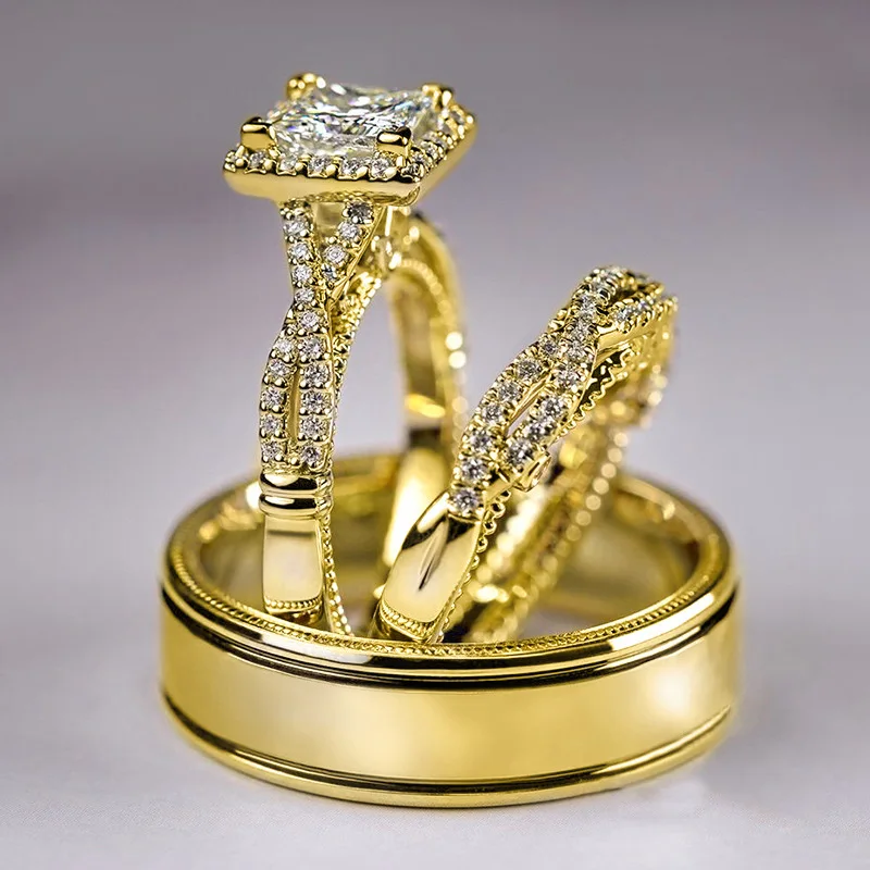 Luxury 3pcs Couple Jewelry Set Rose Gold Plated Diamond Twist Engagement Ring Square Zircon Wedding Ring Durable Steel Men Women