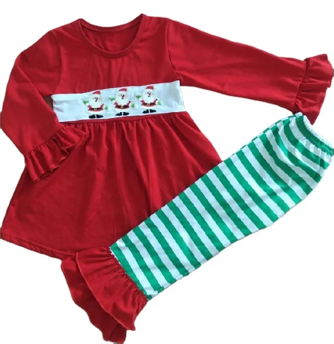 christmas girl boys clothing outfits long sleeve ruffle top with green white stripe pants clothes sets
