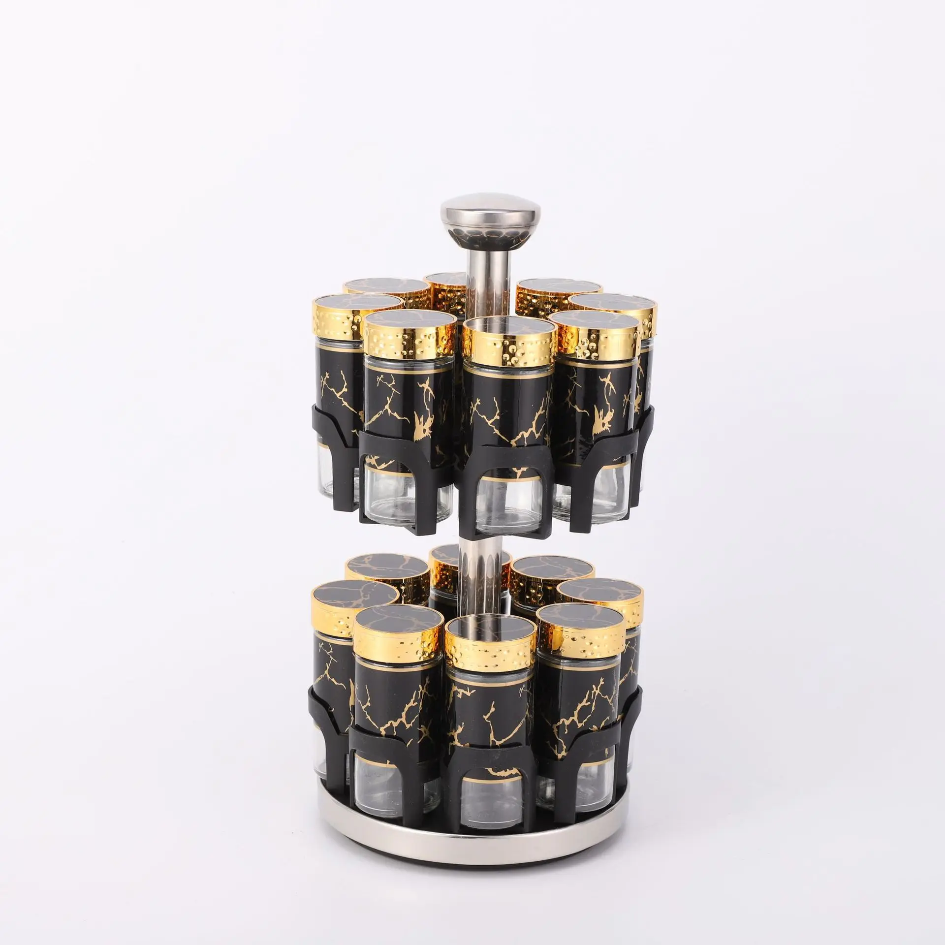 WONDERFUL High Quality Marble Glass Kitchen Salt Pepper Shaker Bottles 2-Tier Black Household 360° Rotating Spice Rack Jars Set