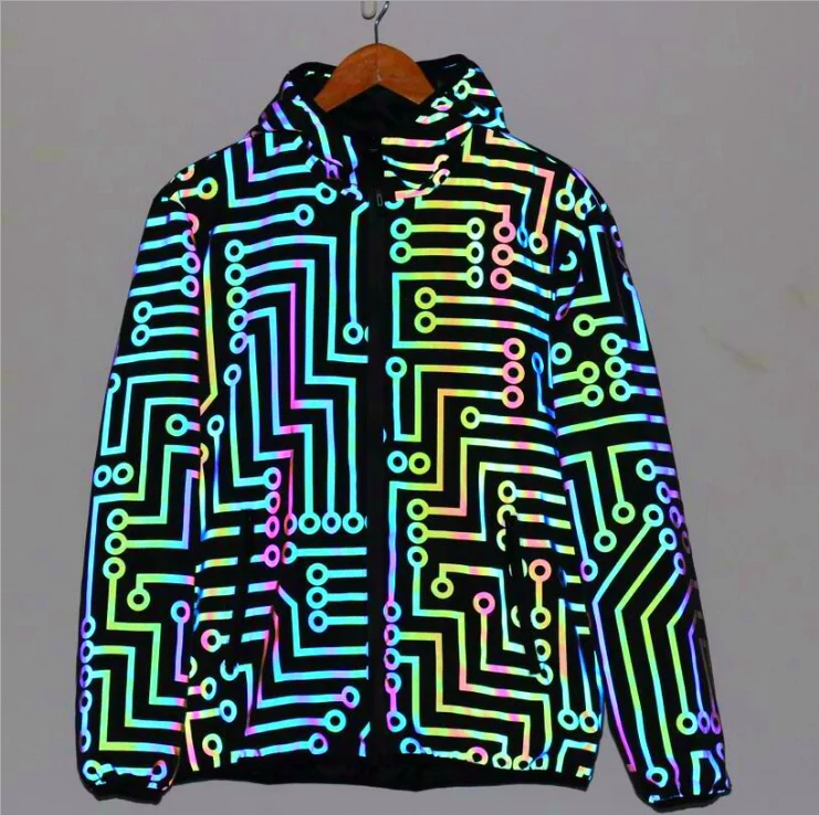 factory direct sell rainbow neon color circuit diagram pattern printing reflective autumn men 100% polyester casual jacket