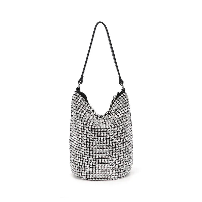 JANHE Fashion Sac a main femme Ladies Chi Elegant Leather Rhinestone Shiny Evening Handbags Large Bucket Shape Woman Bags Purse