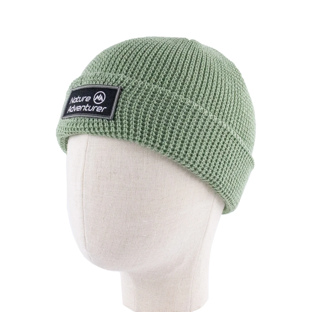 Warm & Comfort Wholesale Unisex 100% Acrylic Green Winter Knitted Beanie with Custom Woven Patch Merrow Edge Logo