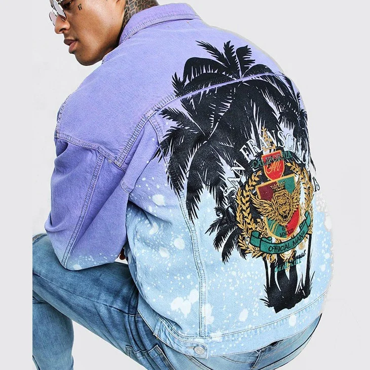 Custom Casual Mens Cotton Jeans Jacket High Quality Streetwear Purple Color Tie Dye Denim Jacket For Men