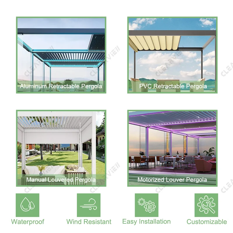 Моторизованный алюминиевый жалюзи CLEARVIEW, выдвижной настил для внутреннего дворика, наружная Водонепроницаемая жалюзи, беседка на крыше