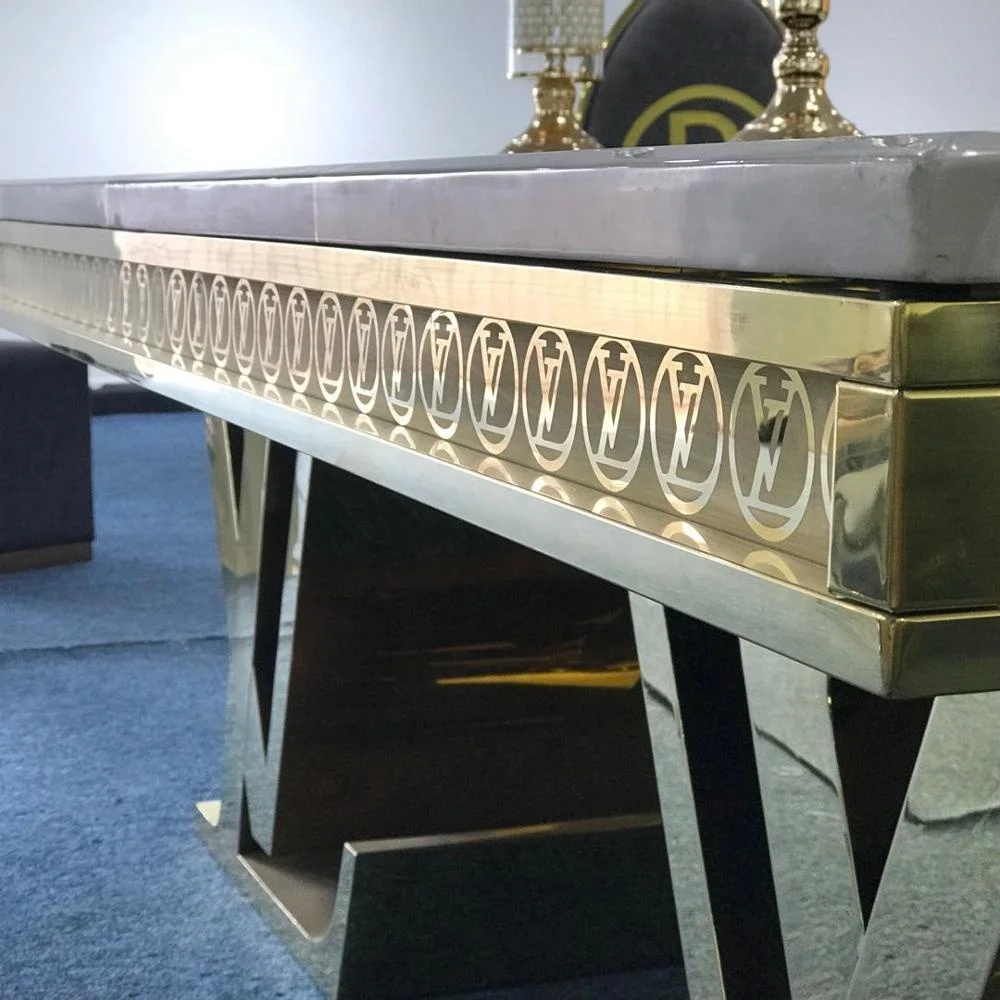 High End класса люкс стиль жизни visonnaire золотистыми латунными зубцами и обеденный стол из нержавеющей стали большой прямоугольник мраморный стол