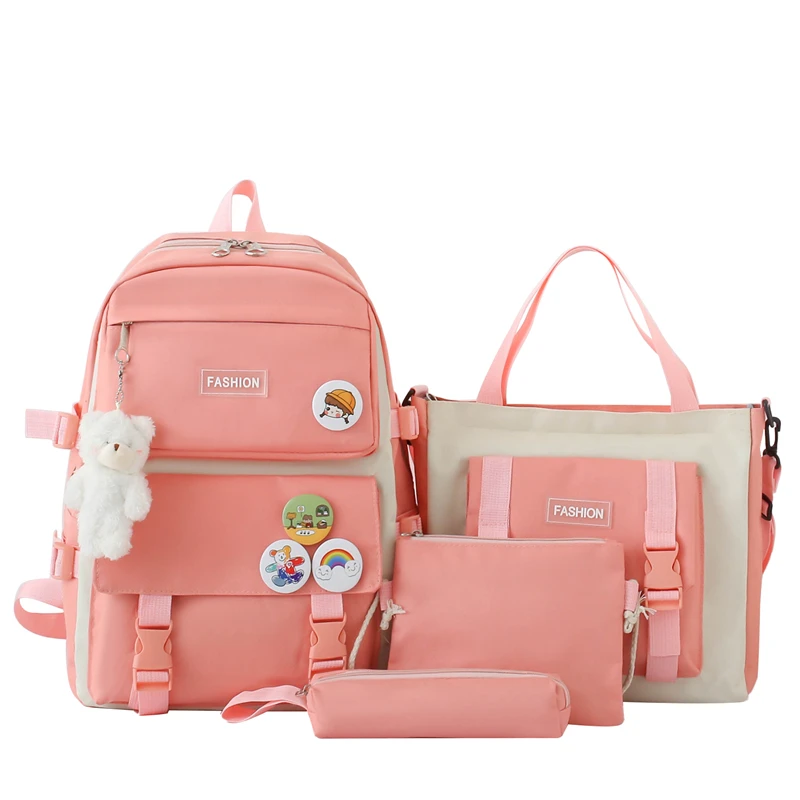 Unisex 4-Piece Cute Waterproof Canvas Student Backpack Set Zipper High School Primary Fashionable Bags for Teenager Girls