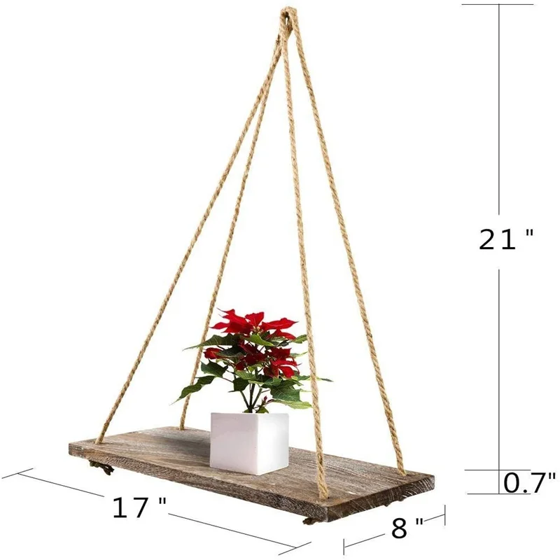 Custom Set of 2 Distressed Wooden Wall Hanging Shelves With Woven Rope Boho Home Decor Storage Organizer Shelf