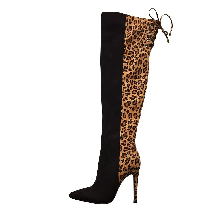 Leopard Print Knee High Boots Sexy 2021 Stiletto High Heel Long Lace Up Pointed Toe Thigh High Boots