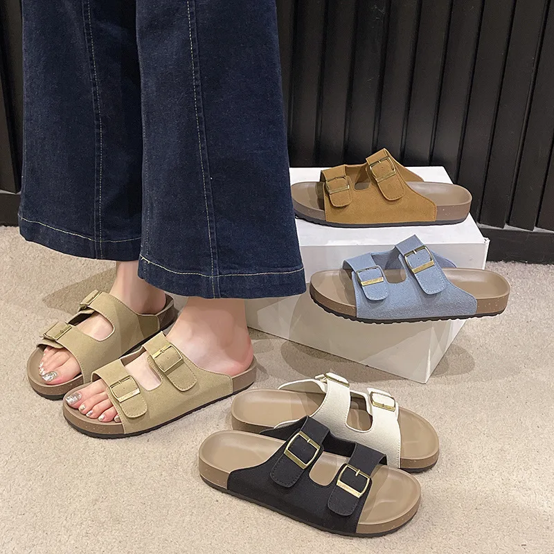 Retro double belt buckle slippers for women in summer 2024 new casual flat shoes with wooden soles and oversized slippers