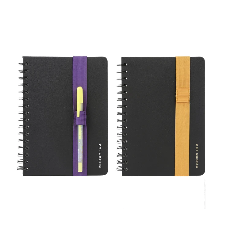 New arrival black hardcover plain spiral binding notebook with colorful elastic pen holder