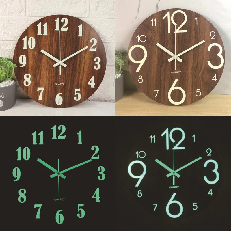 Vintage Minimalist Quartz Analog Clock Large 10 12 14 Inch Home Decorative Retro Round Luminous Wooden Wall Clock