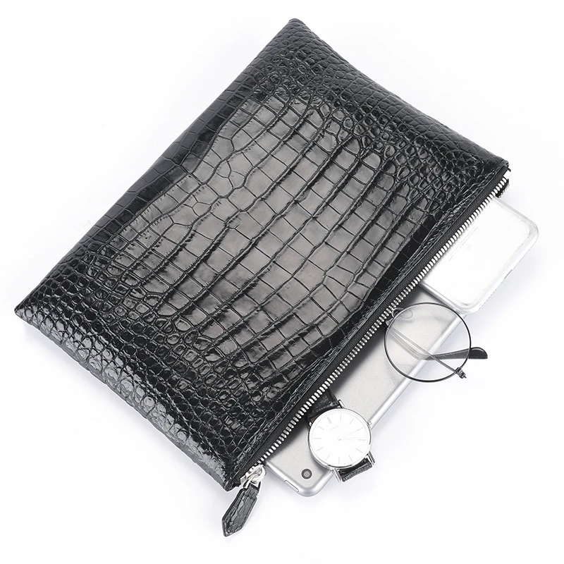 Custom Luxury Casual Unisex Designer Branded Genuine Crocodile Skin Leather Envelope Clutch Pochette Bag With Wristlet For Men