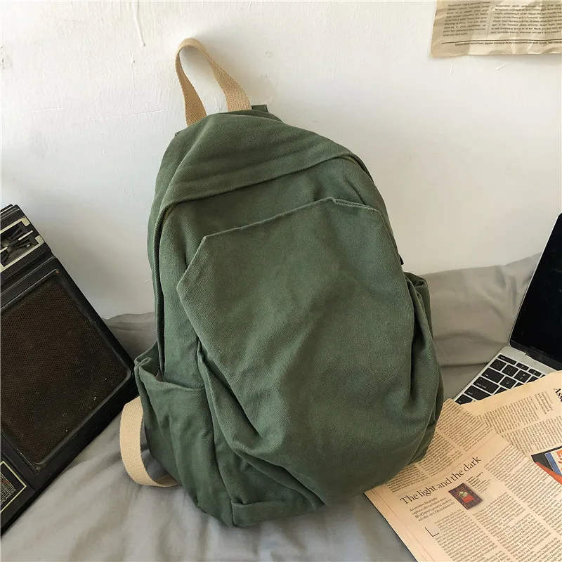 Simple Blank Back to School Backpack Schoolbag Canvas Travel Bag Vintage Green Aesthetic Backpack Women Travel Canvas Backpack