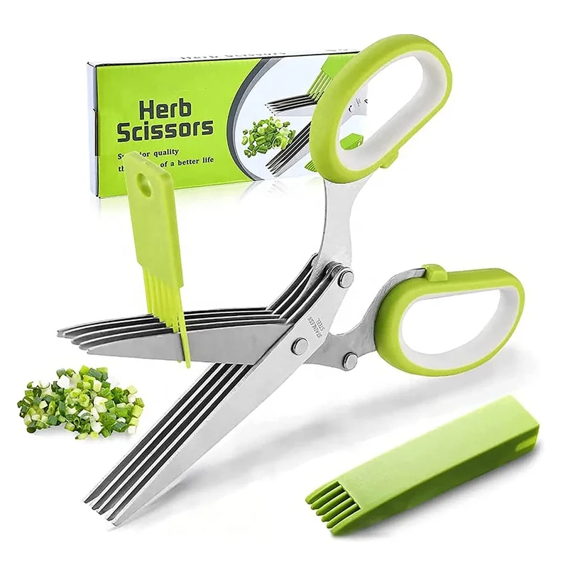 Home and Kitchen Stainless Steel 5 Blades Herb Scissors with Safety Cover and Cleaning Comb Herb Cutting Scissors
