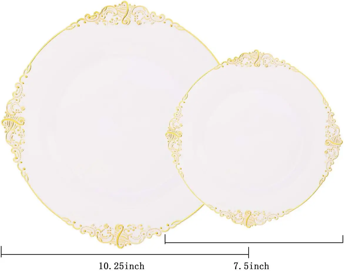 50 Pack Gold Plastic Disposable Plates Include 25PCS 10.25inch Dinner Plates, 25PCS 7.5inch Dessert Plates for Party & Wedding
