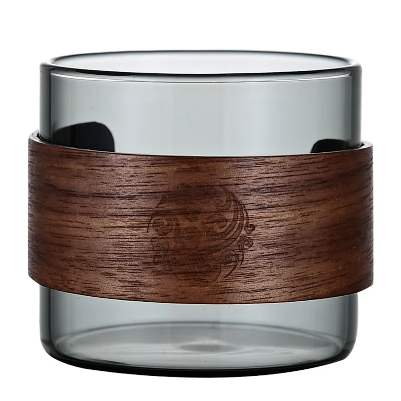 Hot Sale New Style 150ml Smoke Grey Glassware High Borosilicate Colored Glass Tea Cups With Wooden Handle