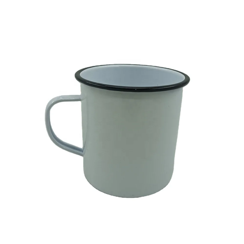 Customized Customized Vintage Powder Coating Wholesale White in Black Rim Travel Metal Coffee Cup Easy Carrying Camping Mug