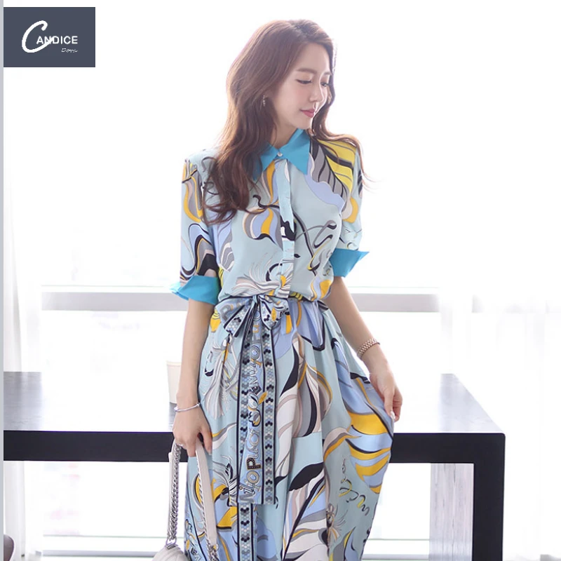 Candice 2023 spring temperament color matching shirt collar waist tie print irregular hem dress korean style
