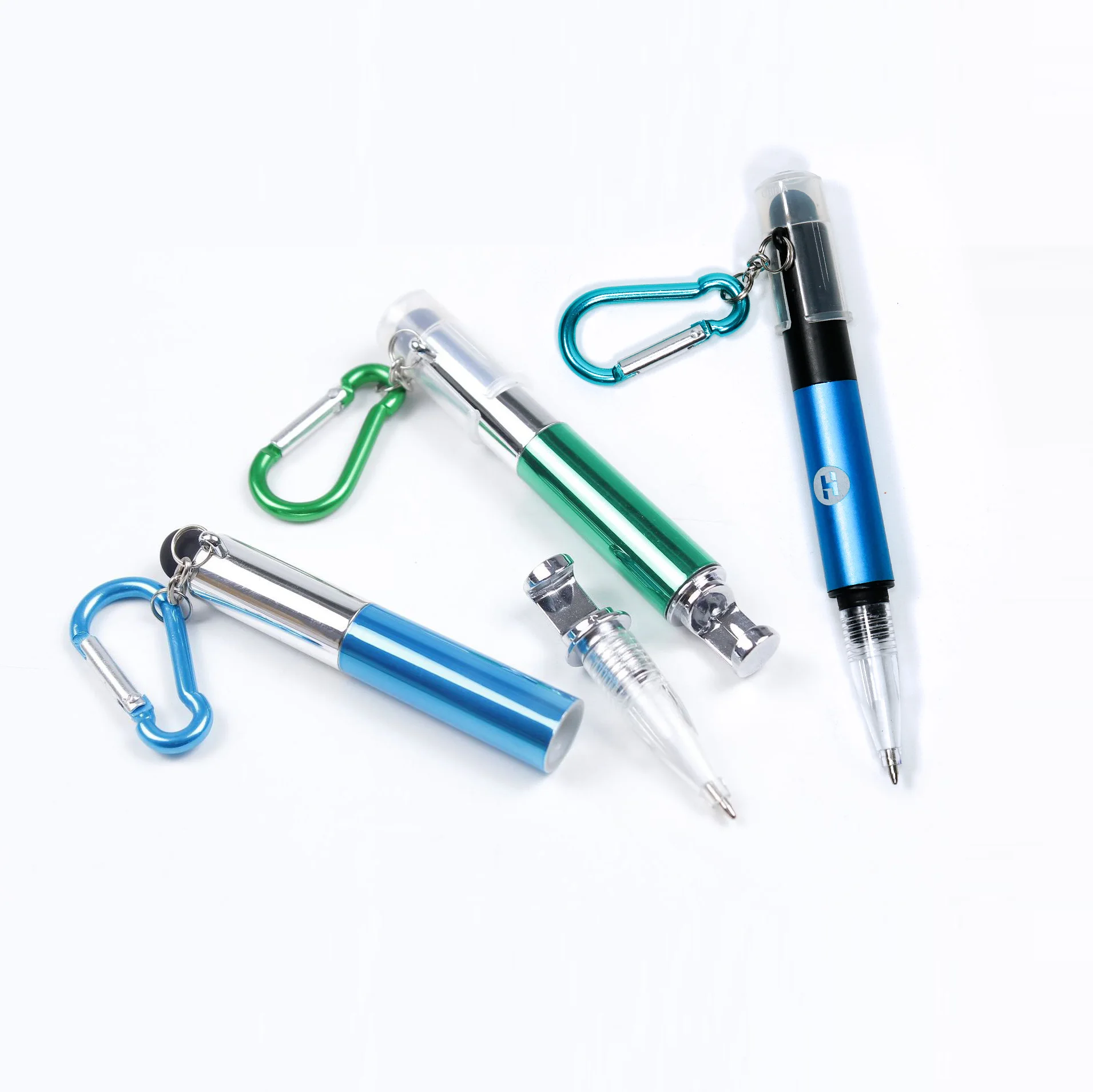 Multifunction 4 in 1 pen Stylus ballpen  LED light pen with carabiner Beer opener Phone holder